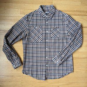Plaid, tan long sleeve collared shirt - Medium (tailored, slim fit)